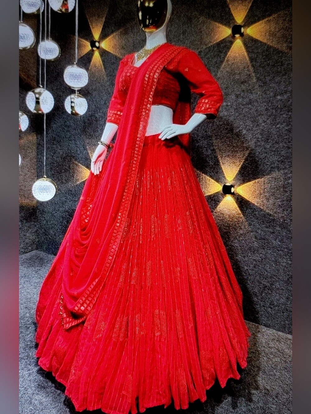 Exotic Elegant Red & Gold Sequin Lehenga Saree Dress w/ Matching Choli & Dupatta